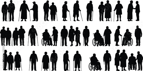 Silhouettes of elderly people standing, walking, using canes and wheelchairs, senior citizens in various poses isolated on white background