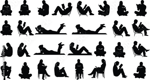 Silhouette collection of people reading books while sitting, relaxing, lying down, studying, on chairs, floor, isolated on white background