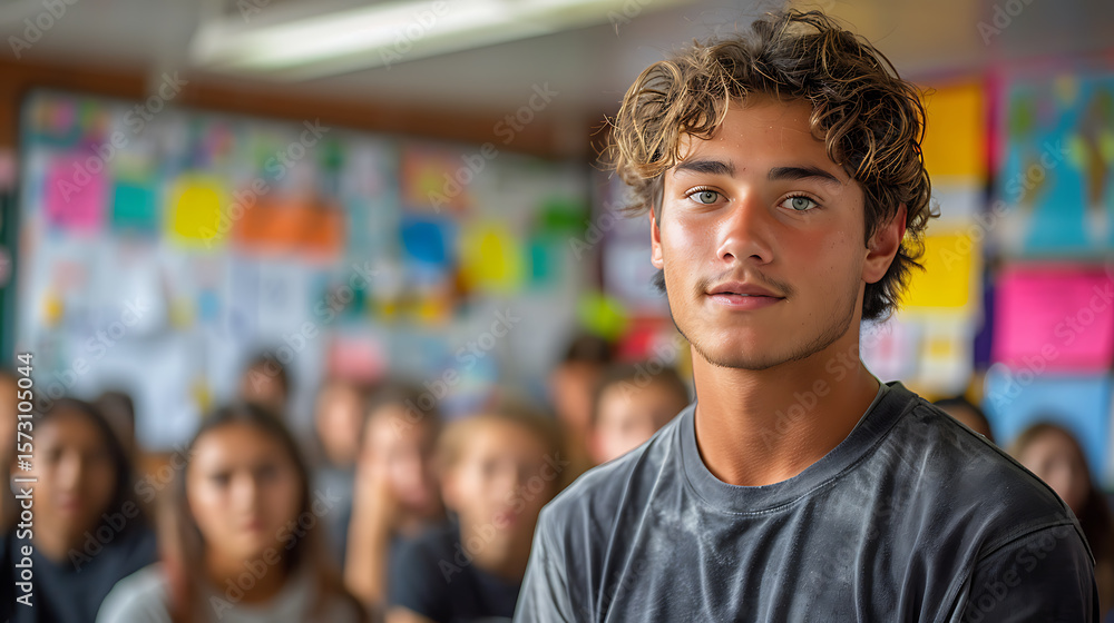 Fototapeta premium Youthful student in focus in busy classroom setting