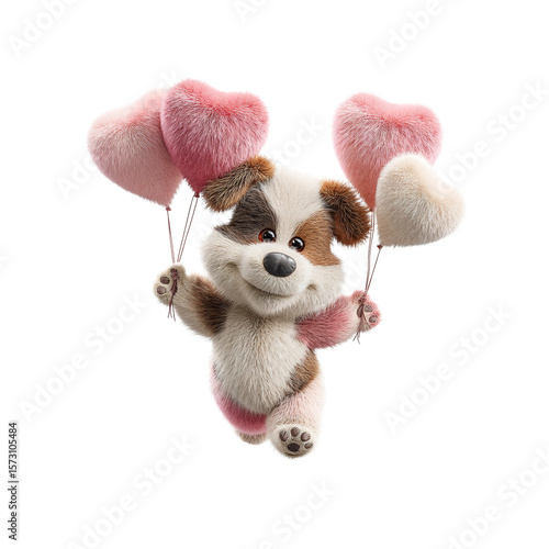Adorable Puppy Dog with Heart-Shaped Balloons Soaring in the Air - Valentine's Day Concept