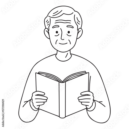 Elderly man reading a book with a smile in a simple line art style