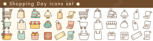 Shopping day icon set with shopping cart, bag, cash register, gift box, price tag, receipt, and purse in pastel colors and outline style
