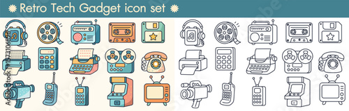 Retro tech gadget icon set includes vintage headphones film reel radio cassette tape floppy disk typewriter rotary phone and old television with