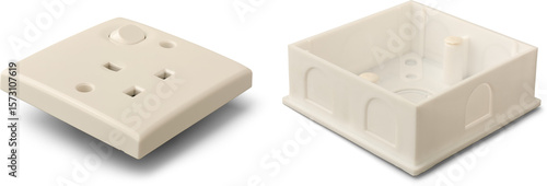 three pin type G wall socket faceplate and plastic back box isolated white background, electrical installation or home wiring system concept