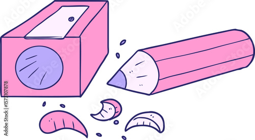 cartoon pencil and sharpener in bright neon color