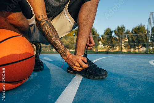 Athletic preparation on an outdoor basketball court