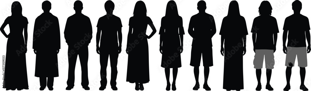 Group of diverse male and female silhouettes standing in casual clothing, human figures in line, full body shadow vector set Group of diverse male and female silhouettes standing in casual clothing, human figures in line, full body shadow vector set