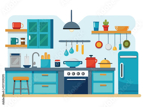 Modern kitchen interior with appliances cabinets countertops and utensils isolated on white background
