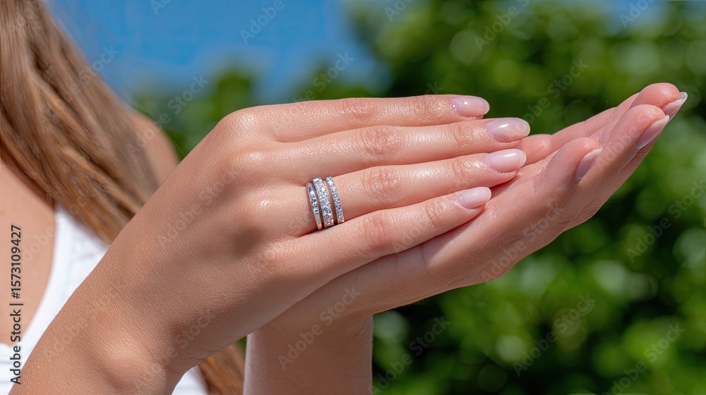Fototapeta premium Two hands with wedding rings touch gently, set against a breathtaking mountain landscape, representing love and unity