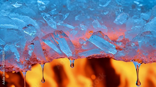 Ice and fire contrast in a dramatic scene showcasing melting ice with fiery background and droplets