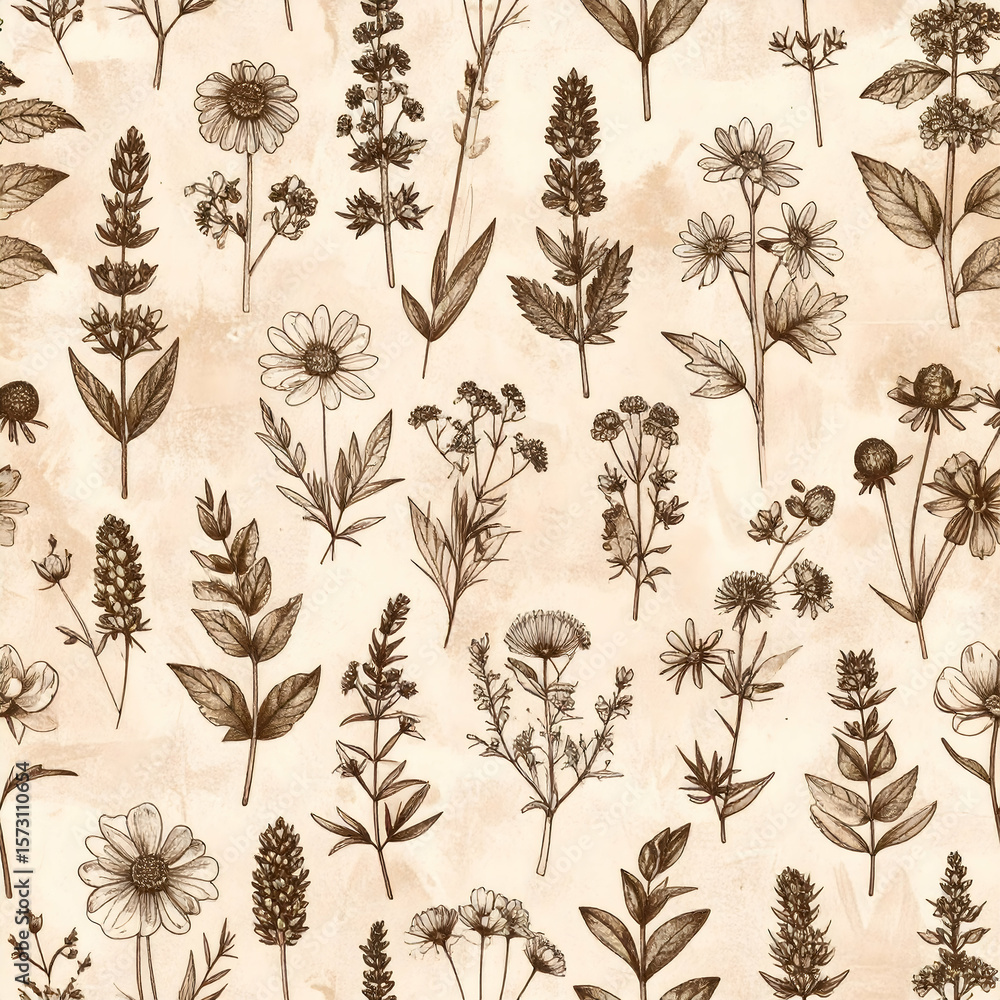 Fototapeta premium Detailed Botanical Illustration of Various Flowers and Foliage on Textured Background