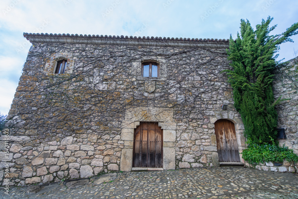 The textured stone facade of a historic building in Trujillo Spain covered with dormant ivy, featuring old wooden doors and small windows. The textured stone facade of a historic building in Trujillo Spain covered with dormant ivy, featuring old wooden doors and small windows.