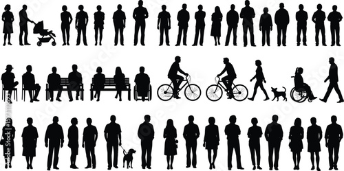 Silhouettes of diverse people walking, sitting, cycling, with stroller, wheelchair, pet dog, casual urban lifestyle, vector illustration, inclusive activity scene