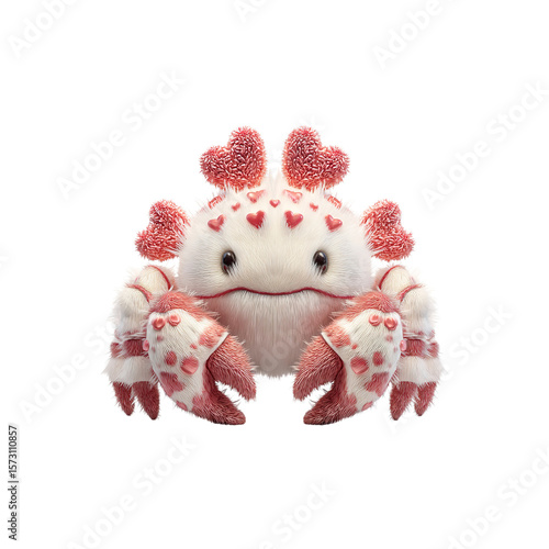 Adorable Valentine's Day Crab Plush Toy 3D Render of a Cute, Fuzzy Creature with Heart Decorations