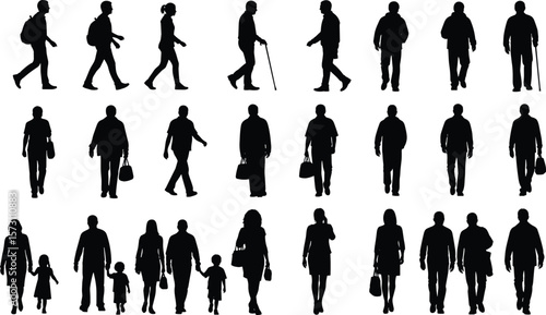 Silhouettes of people walking in urban setting, including children, seniors, families, casual attire, city lifestyle scene, vector street illustration