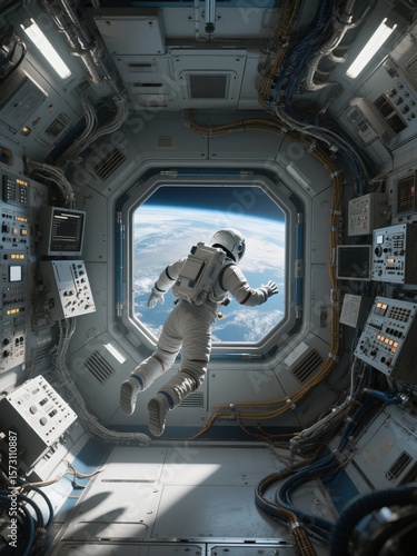 Astronaut Floating in Space Station, Earth View, Futuristic Interior, Exploration
