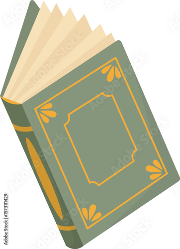 Old book with green cover isolated on white. Hand drawn literature concept with paper pages