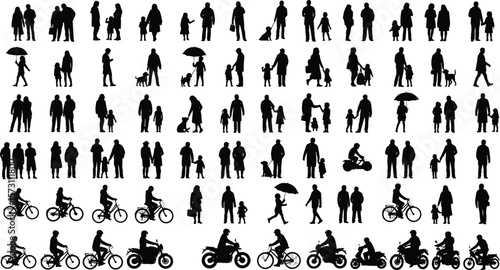 Silhouettes of families, parents with children, dog walkers, cyclists, motorcycle riders, umbrella scenes, urban outdoor lifestyle, vector illustration, diverse poses
