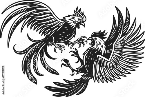 Two Roosters Fighting in a Dynamic Black and White Illustration