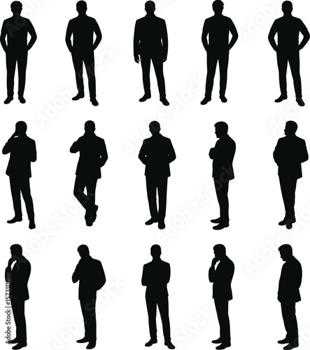 Professional Businessmen Silhouettes in Diverse Standing and Thoughtful Poses, Representing Corporate Environments, Contemplation, and Formal Interactions for Design Projects on White Background.