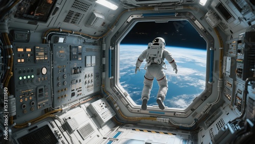 Astronaut Floating in Space Station Window, Earth View