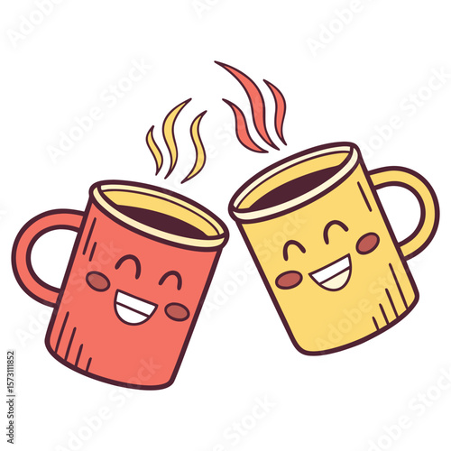 Two cheerful coffee mugs clinking together friendship day celebration
