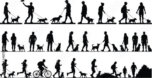 Silhouettes of people walking dogs, running, playing, biking, outdoor pet care, casual lifestyle, animal companionship, vector illustration, pet interaction scene