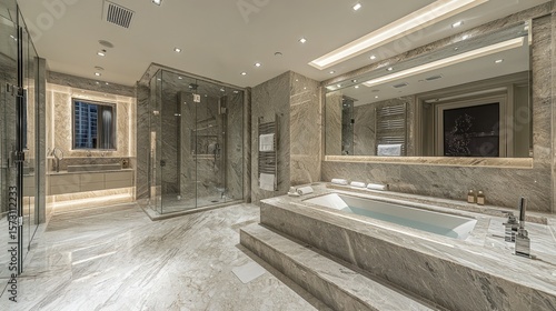 Luxurious, spacious bathroom with a soaking tub and shower