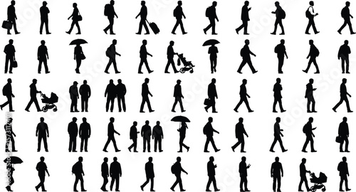 Silhouettes of walking people with backpacks, umbrellas, suitcases, strollers, mobile phones, city commuters, vector characters, urban lifestyle, transportation, travel