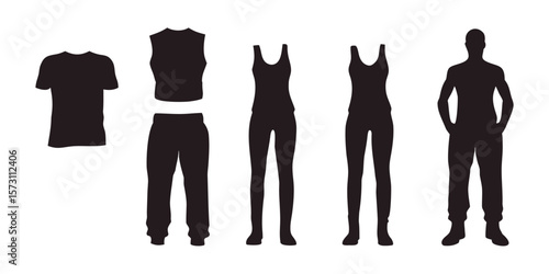 A set of isolated vector silhouettes of athletic wear: running shorts, sports bra, tracksuit, athletic shoes, jersey. Each figure is a clean, solid silhouette, no internal details, no background.