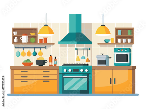 Modern kitchen interior with stove oven cabinets and hanging utensils isolated on white background
