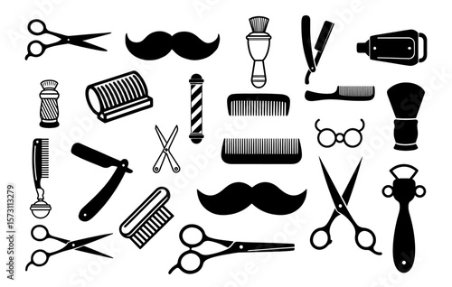 Black and White Barber Shop Icons Set – Grooming Tools, Hair Styling, Shaving Elements Vector Collection