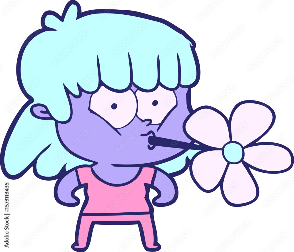 Obraz premium cartoon girl with flower in mouth in bright neon color