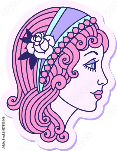 sticker of tattoo in traditional style of a gypsy head in bright neon color
