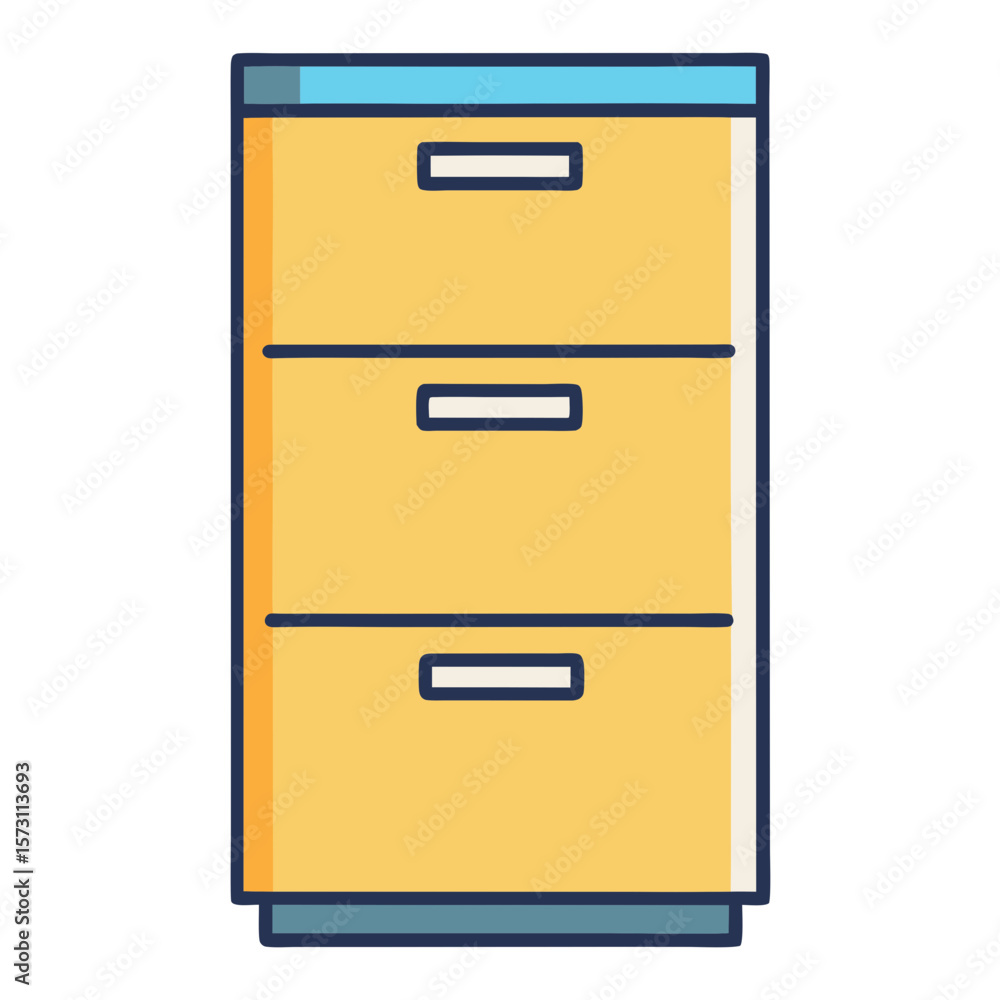 A simple yellow filing cabinet with three drawers and a blue top A simple yellow filing cabinet with three drawers and a blue top
