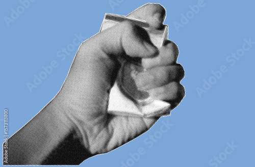 Close up of hand squeezing an empty pack of cigarettes pixelate grayscale color halftone dotted texture style collage element isolated on blue background