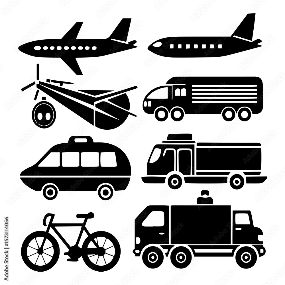 A vector set of transportation icons illustrating various vehicles like cars, trucks, buses, trains, planes, and ships A vector set of transportation icons illustrating various vehicles like cars, trucks, buses, trains, planes, and ships