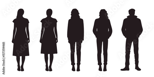 Casual Wear (Women): Isolated vector silhouettes of women's casual clothing: dress, skirt, blouse, jeans, sneakers, cardigan. Each figure is a clean, solid silhouette, no internal details, no backgrou