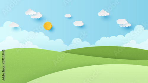 Landscape scenery with mountain and white cloud in summer blue sky background. Nature landscape. Paper cut and craft style illustration