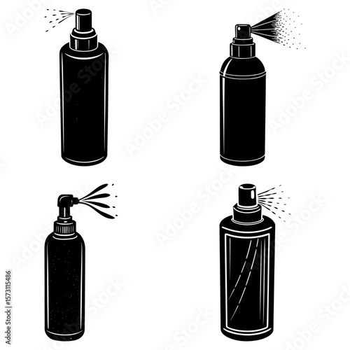 Illustration of four different styles of black spray bottles with spray coming out of the nozzles shown