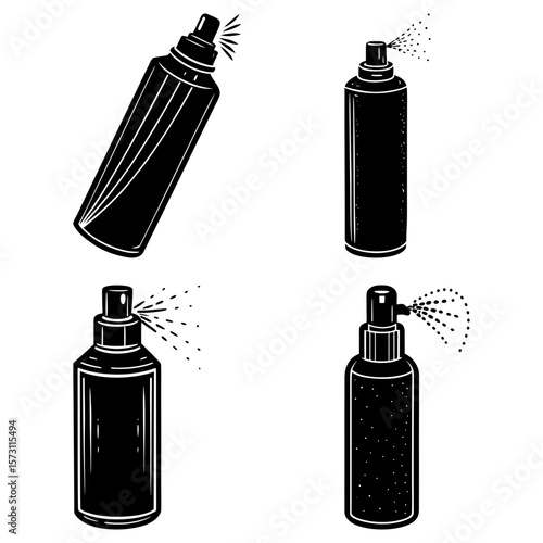 Illustration of four black spray bottles with different shapes and spraying mechanisms on white background