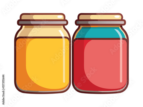 Two colorful glass jars filled with yellow and red liquids isolated on white background
