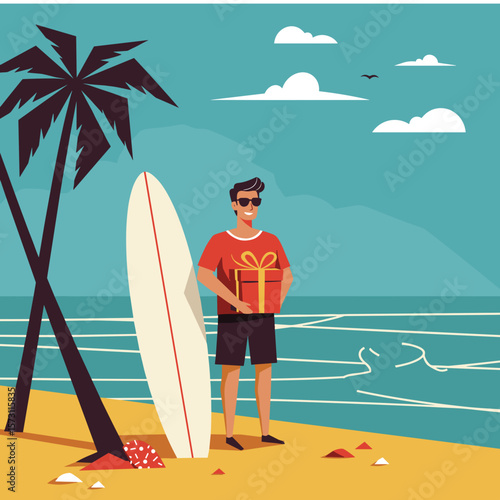  A young man stands on the beach with a surfboard and holds a gift, suitable for brands operating in the niche of tourism, beach fashion, gift products, summer lifestyle content