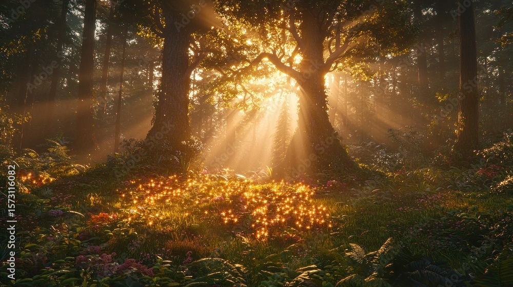 Obraz premium Sunbeams pierce mystical forest clearing