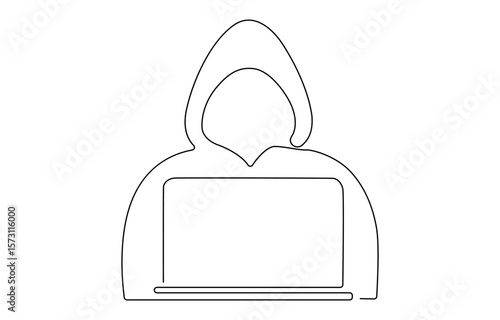 One line continuous hacker cyber security symbol concept. Silhouette online bank thief finance safety technology icon, One line continuous cyber security hacker symbol. Silhouette of online financial.