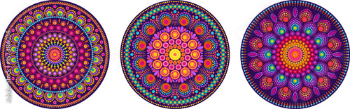 Collection of colorful dotted mandalas on purple template. Tribal boho pattern for print, wall art decor,digital design