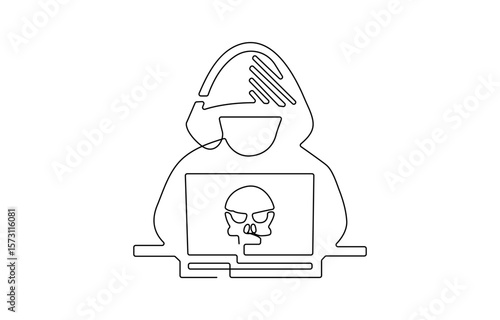 One line continuous hacker cyber security symbol concept. Silhouette online bank thief finance safety technology icon, One line continuous cyber security hacker symbol. Silhouette of online financial.