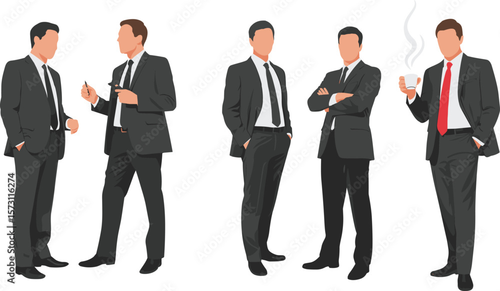 Professional Businessmen Illustrations: Diverse Group of Male Executives in Suits, Engaging in Discussions, Posing Confidently, and Enjoying Professional Businessmen Illustrations: Diverse Group of Male Executives in Suits, Engaging in Discussions, Posing Confidently, and Enjoying