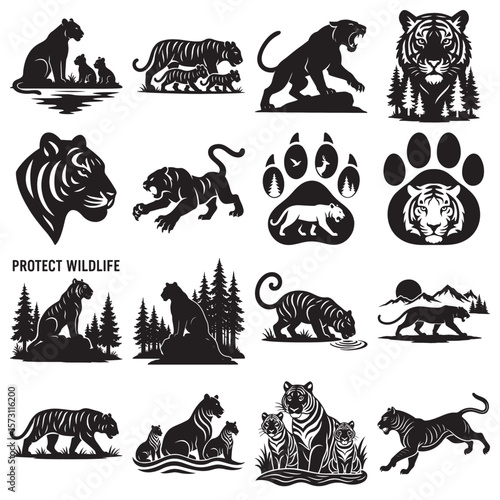 Wallpaper Mural Tiger Silhouette Vector Set Wildlife and Forest Animal Illustrations Torontodigital.ca