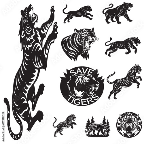 Wallpaper Mural Save Tigers Vector Set Wild Tiger Silhouettes and Conservation Icons Torontodigital.ca